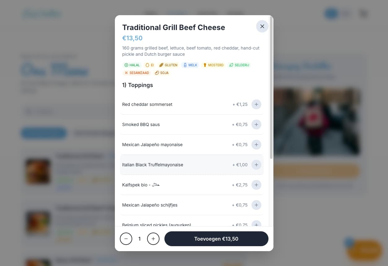 Product customization modal with topping options