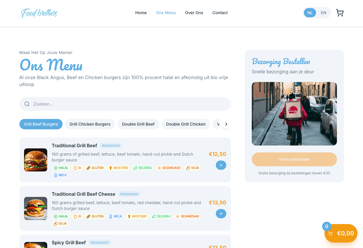 Food Brothers menu page with category filtering