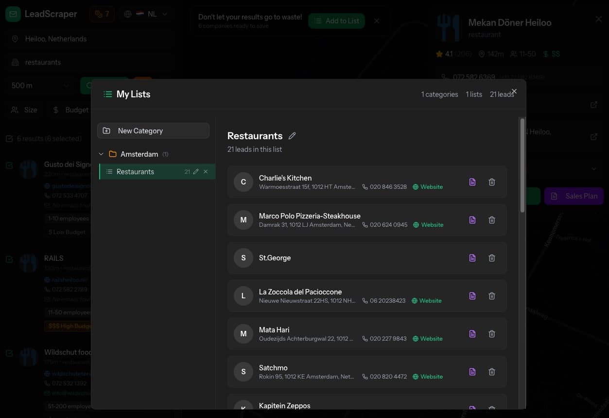Lead lists sidebar with categories and organization