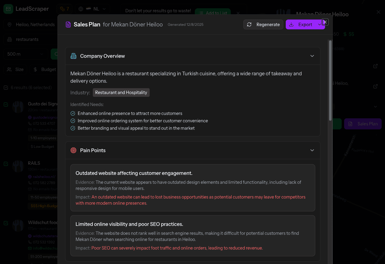 AI-generated sales plan with pain points and cold email