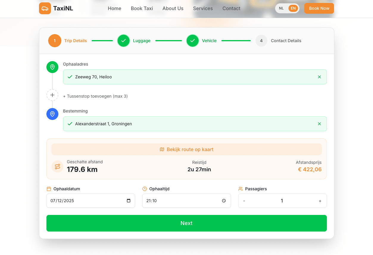 TaxiNL booking wizard with vehicle selection