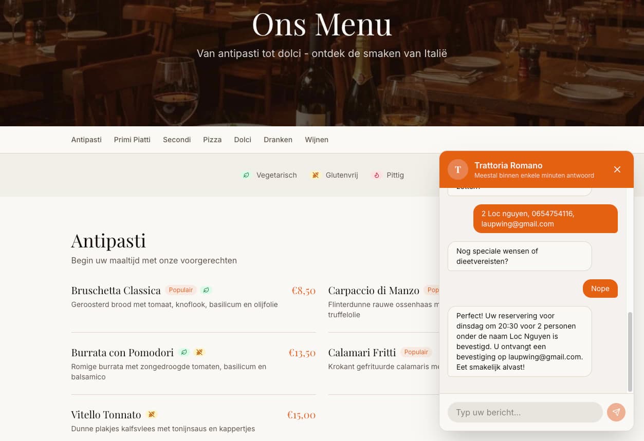 AI chatbot conversation with menu recommendations