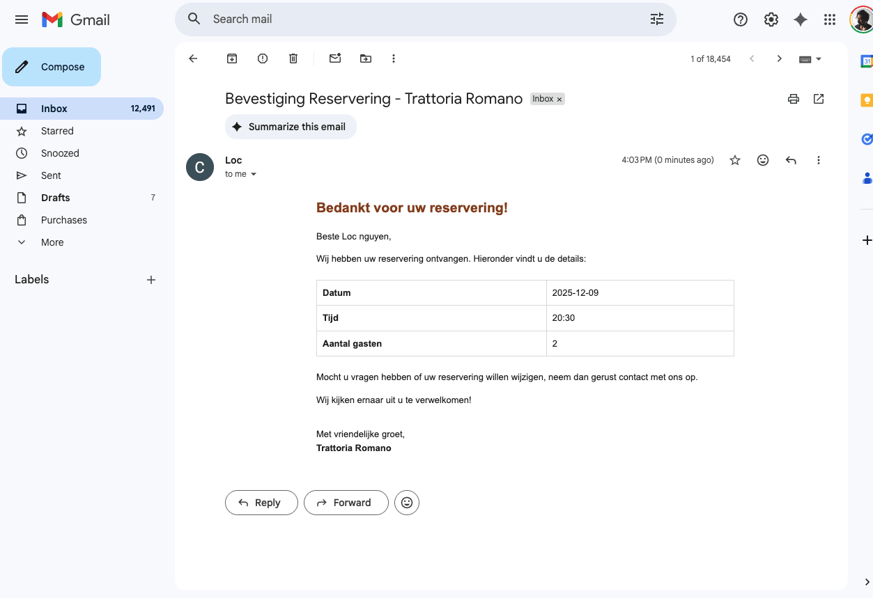 Reservation confirmation email