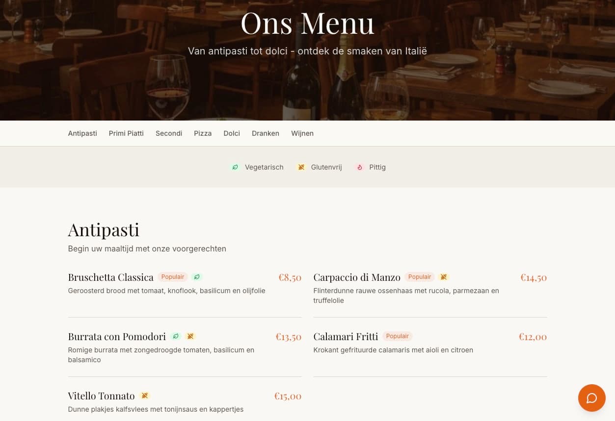 Restaurant menu with dietary badges